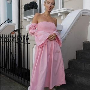The Drop Candy Pink Off-Shoulder Tiered Puff-Sleeve Midi Dress